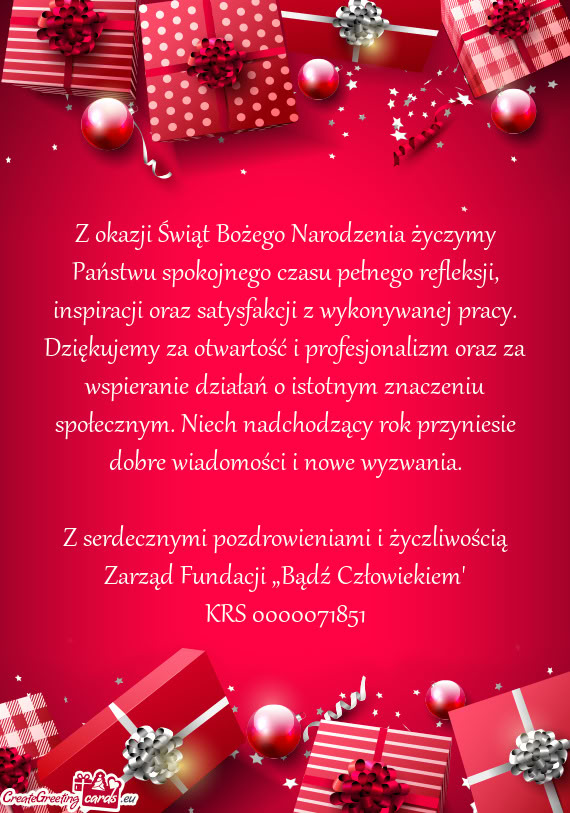 Z okazji Świąt Bożego Narodzenia życzymy Państwu spokojnego czasu pełnego refleksji, inspiracj