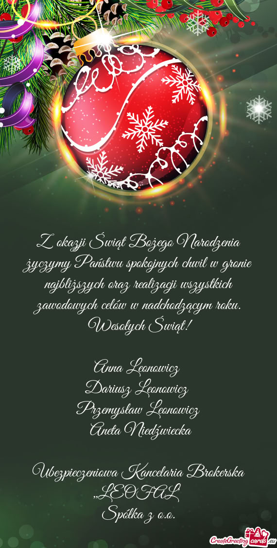 Z okazji Świąt Bożego Narodzenia życzymy Państwu spokojnych chwil w gronie najbliższych oraz