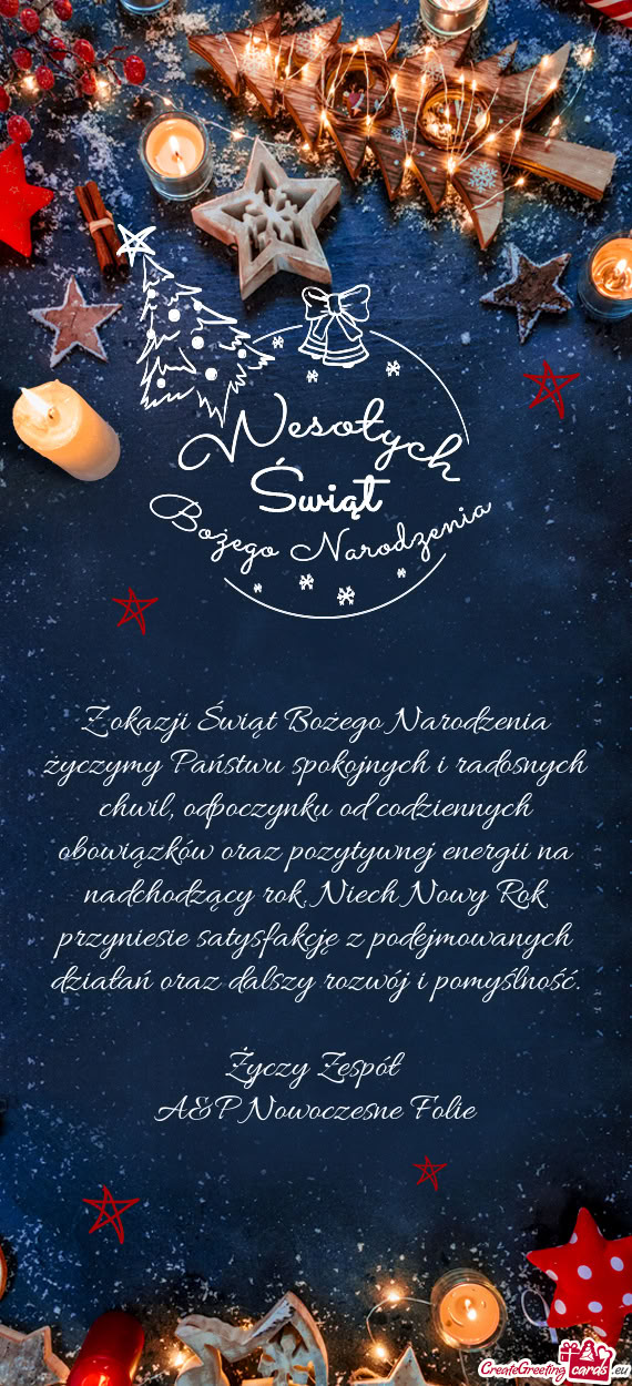 Z okazji Świąt Bożego Narodzenia życzymy Państwu spokojnych i radosnych chwil, odpoczynku od co