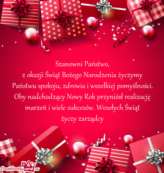 Z okazji Świąt Bożego Narodzenia życzymy Państwu spokoju, zdrowia i wszelkiej pomyślności. Ob