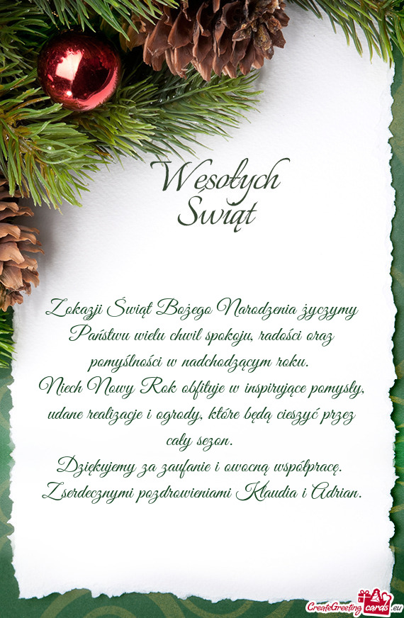 Z okazji Świąt Bożego Narodzenia życzymy Państwu wielu chwil spokoju, radości oraz pomyślnoś