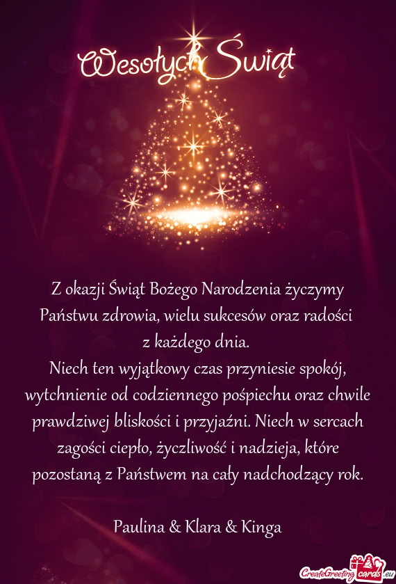 Z okazji Świąt Bożego Narodzenia życzymy Państwu zdrowia, wielu sukcesów oraz radości