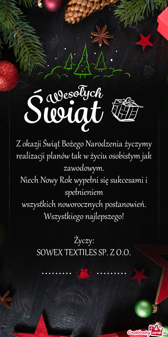 Z okazji Świąt Bożego Narodzenia życzymy realizacji planów tak w życiu osobistym jak zawodowy