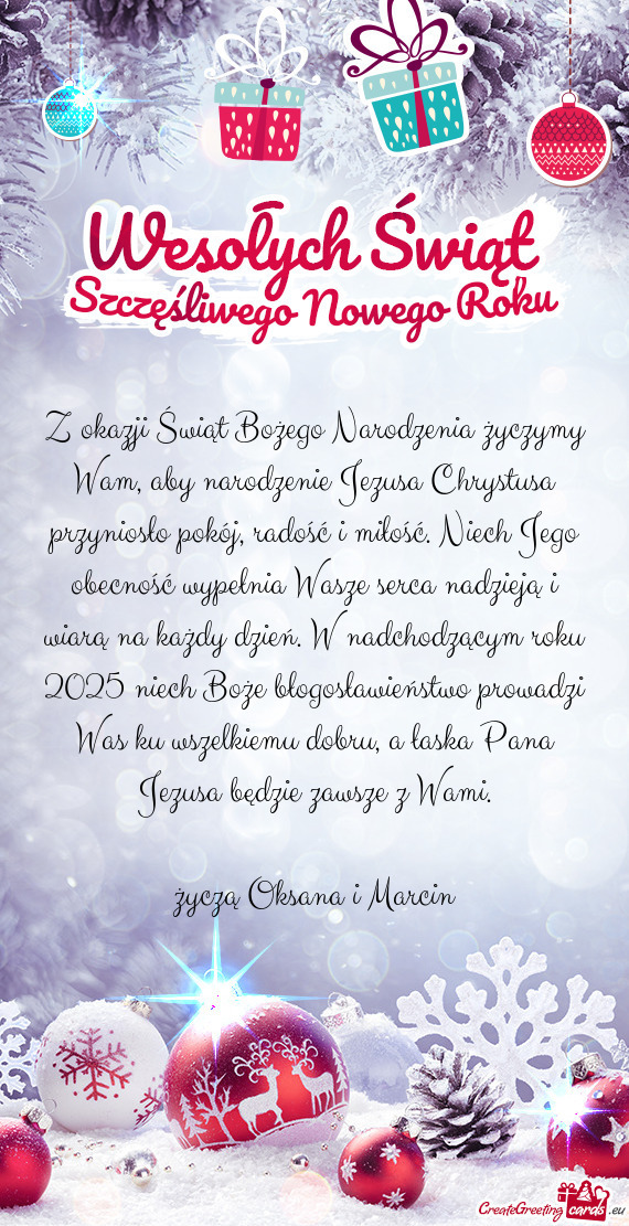 Z okazji Świąt Bożego Narodzenia życzymy Wam, aby narodzenie Jezusa Chrystusa przyniosło pokój