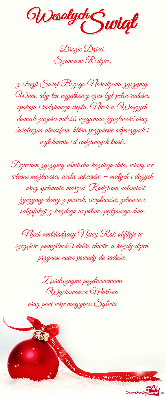 Z okazji Świąt Bożego Narodzenia życzymy Wam, aby ten wyjątkowy czas był pełen radości, spok