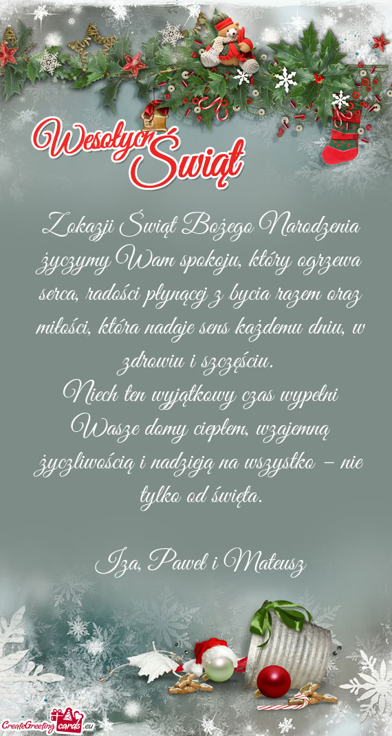 Z okazji Świąt Bożego Narodzenia życzymy Wam spokoju, który ogrzewa serca, radości płynącej