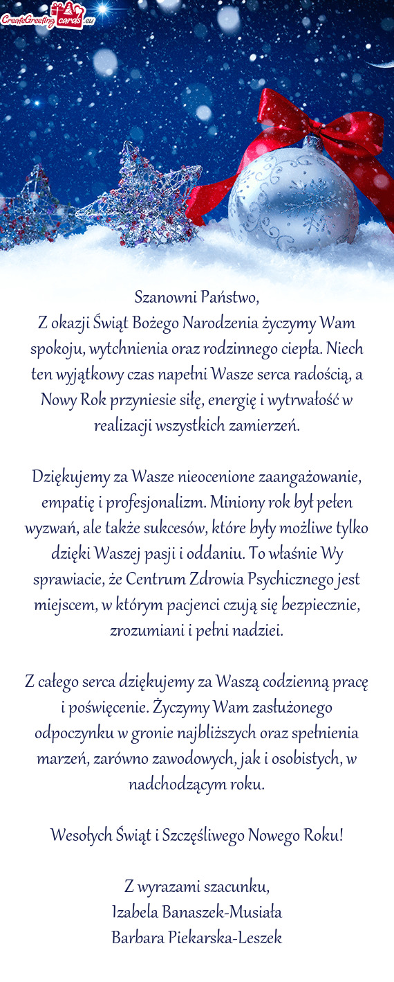 Z okazji Świąt Bożego Narodzenia życzymy Wam spokoju, wytchnienia oraz rodzinnego ciepła. Niech