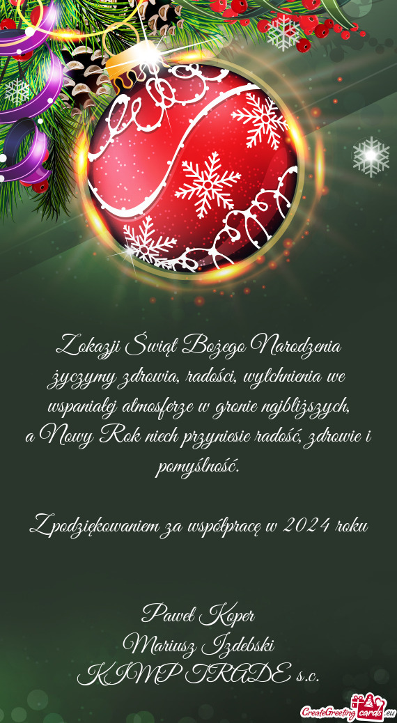 Z okazji Świąt Bożego Narodzenia życzymy zdrowia, radości, wytchnienia we wspaniałej atmosferz