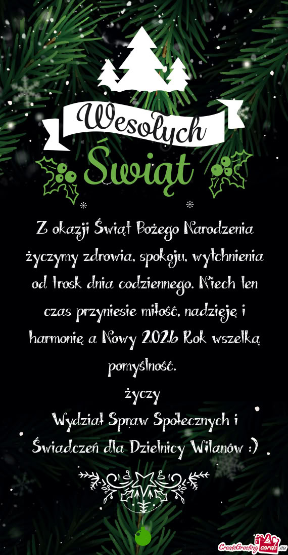 Z okazji Świąt Bożego Narodzenia życzymy zdrowia, spokoju, wytchnienia od trosk dnia codziennego