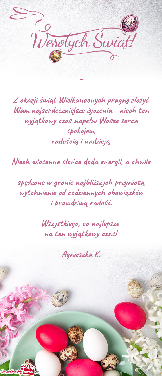 Z okazji świąt Wielkanocnych pragnę złożyć