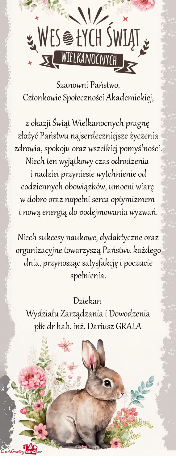 Z okazji Świąt Wielkanocnych pragnę