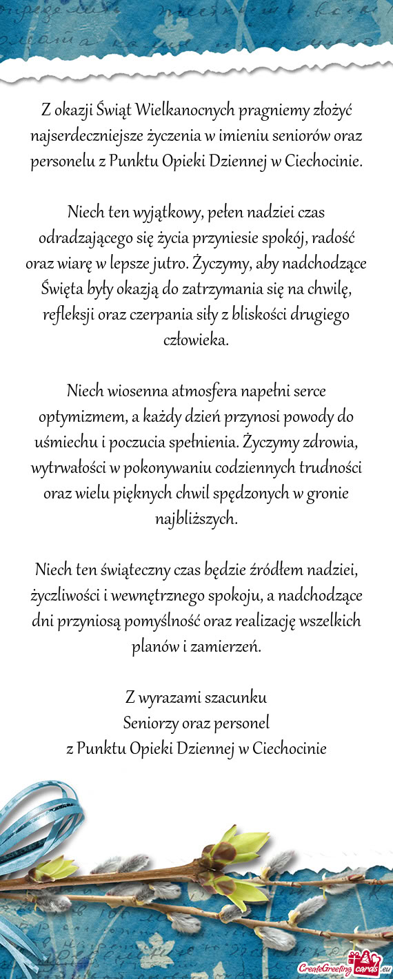 Z okazji Świąt Wielkanocnych pragniemy złożyć najserdeczniejsze życzenia w imieniu seniorów o