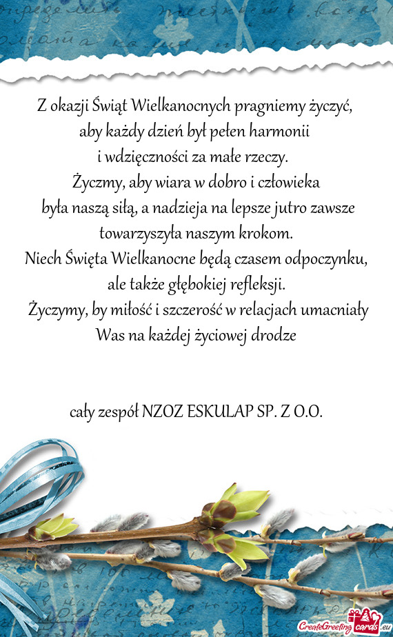 Z okazji Świąt Wielkanocnych pragniemy życzyć, aby każdy dzień był pełen harmonii
