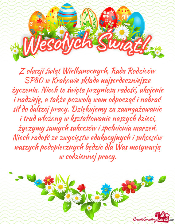 Z okazji świąt Wielkanocnych, Rada Rodziców SP80 w Krakowie składa najserdeczniejsze życzenia