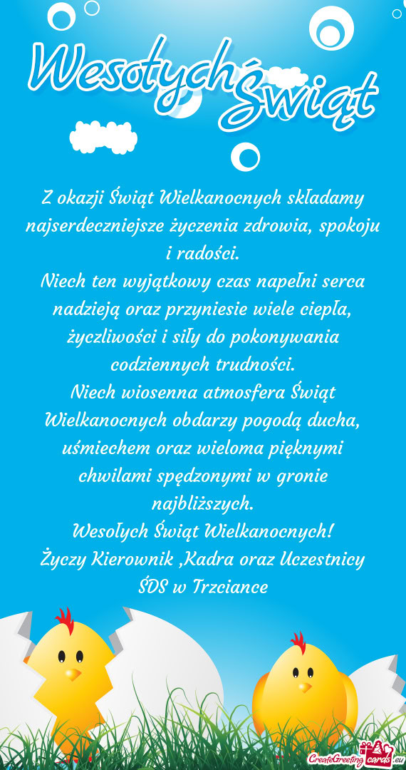 Z okazji Świąt Wielkanocnych składamy najserdeczniejsze życzenia zdrowia, spokoju i radości