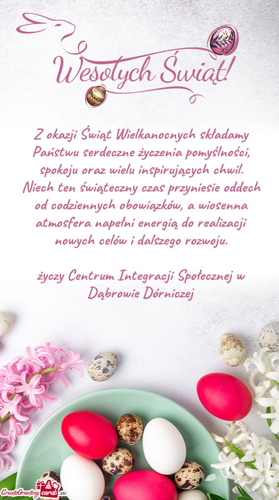 Z okazji Świąt Wielkanocnych składamy Państwu serdeczne życzenia pomyślności, spokoju oraz wi