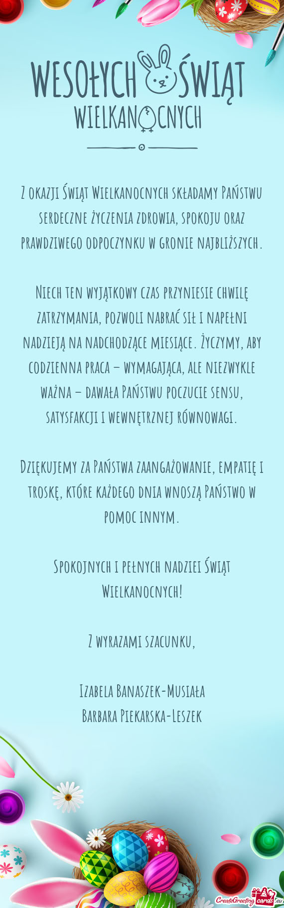 Z okazji Świąt Wielkanocnych składamy Państwu serdeczne życzenia zdrowia, spokoju oraz prawdziw