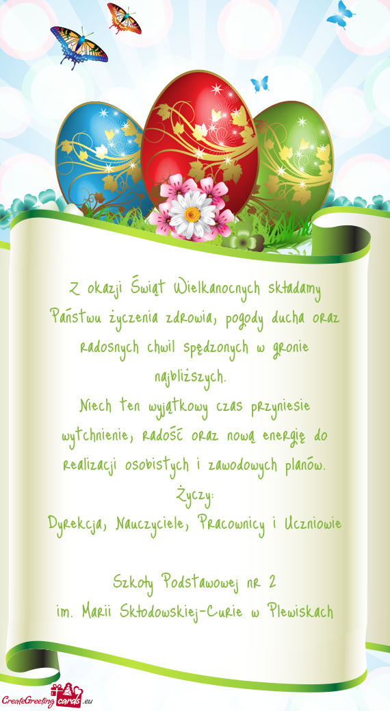 Z okazji Świąt Wielkanocnych składamy Państwu życzenia zdrowia, pogody ducha oraz radosnych chw