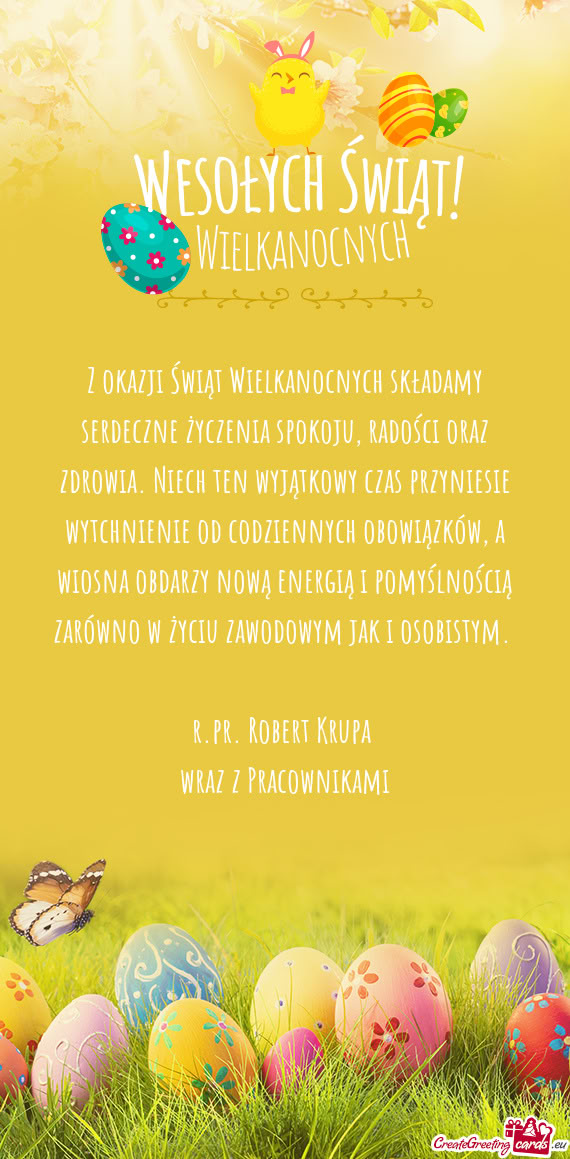Z okazji Świąt Wielkanocnych składamy serdeczne życzenia spokoju, radości oraz zdrowia. Niech t