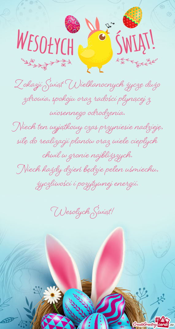 Z okazji Świąt Wielkanocnych życzę dużo zdrowia, spokoju oraz radości płynącej z wiosennego