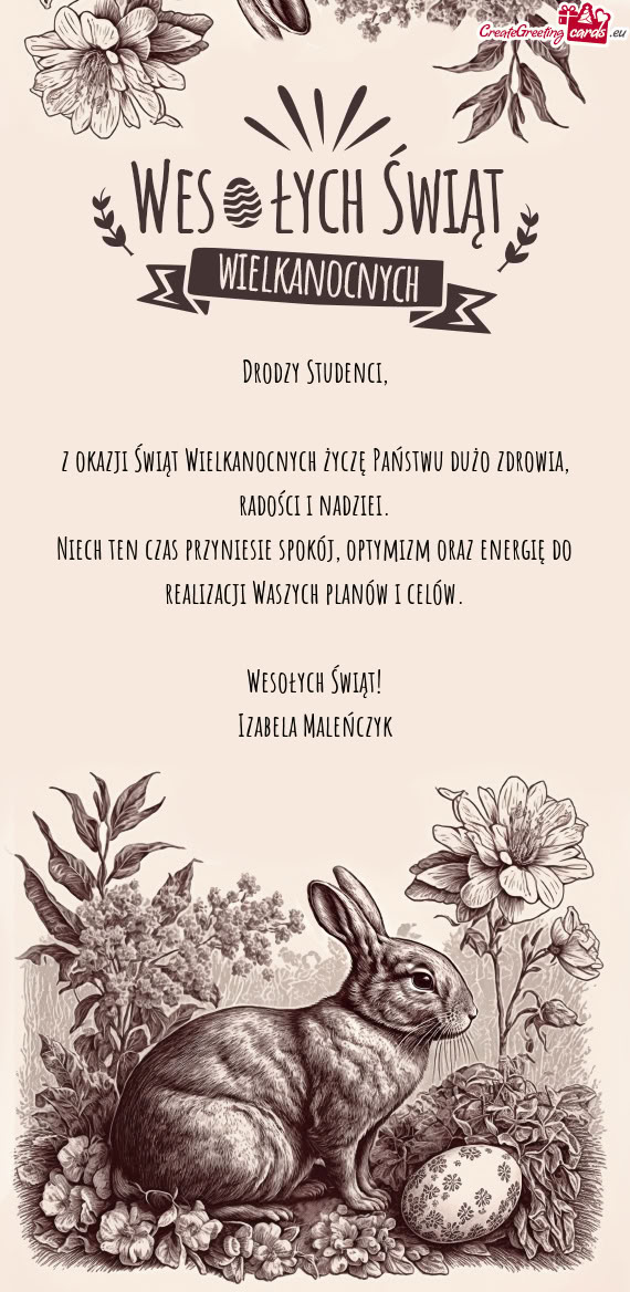 Z okazji Świąt Wielkanocnych życzę Państwu dużo zdrowia, radości i nadziei
