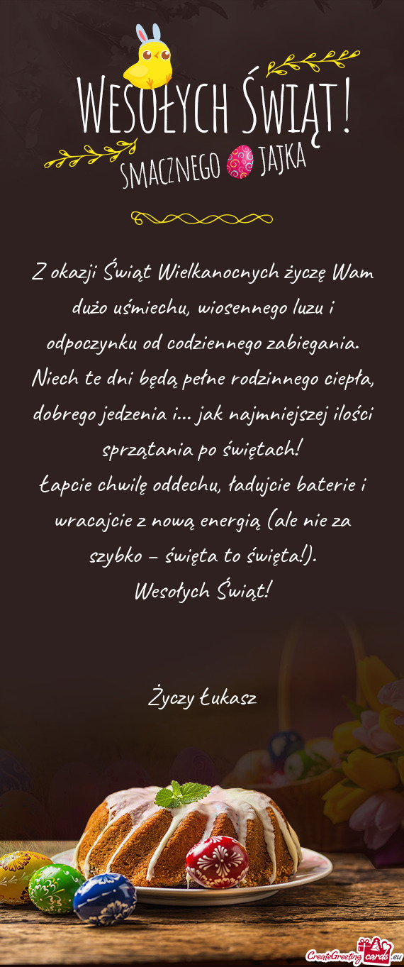 Z okazji Świąt Wielkanocnych życzę Wam dużo uśmiechu, wiosennego luzu i odpoczynku od codzienn