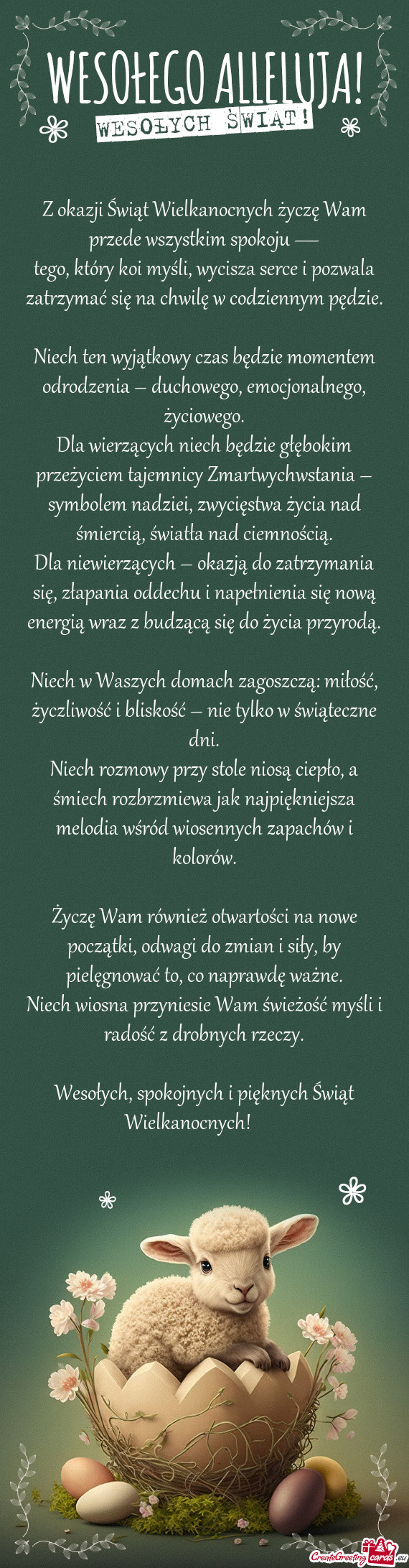 Z okazji Świąt Wielkanocnych życzę Wam przede wszystkim spokoju —