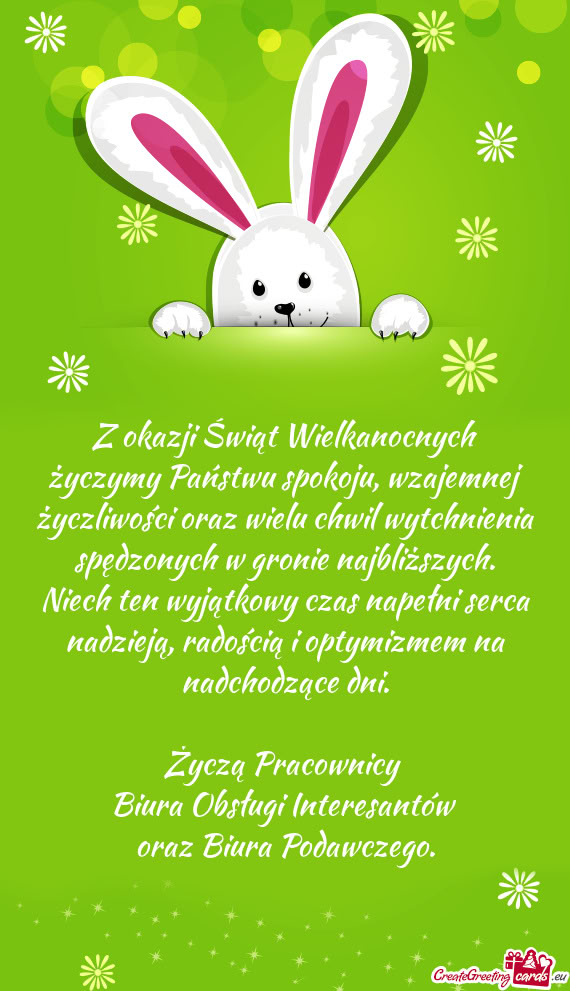 Z okazji Świąt Wielkanocnych życzymy Państwu spokoju, wzajemnej życzliwości oraz wielu chwil w