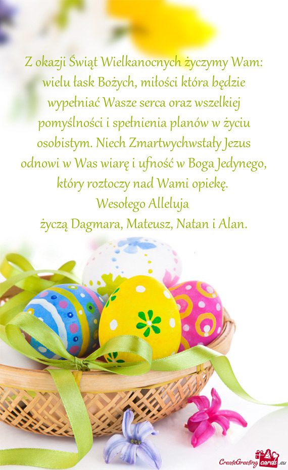 Z okazji Świąt Wielkanocnych życzymy Wam: wielu łask Bożych, miłości która będzie wypełnia