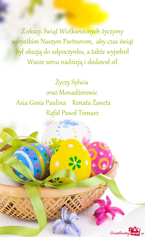 Z okazji Świąt Wielkanocnych życzymy wszystkim Naszym Partnerom, aby czas świąt był okazją d
