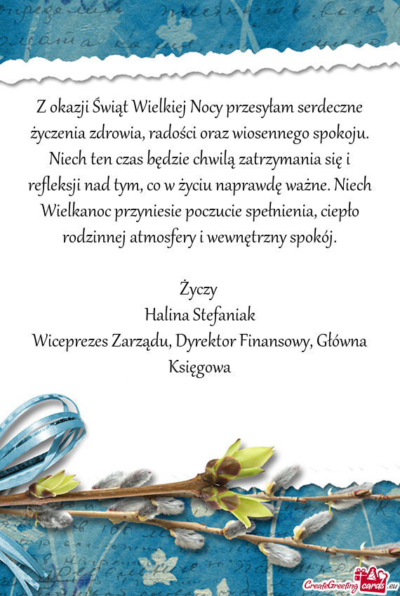 Z okazji Świąt Wielkiej Nocy przesyłam serdeczne życzenia zdrowia, radości oraz wiosennego spok