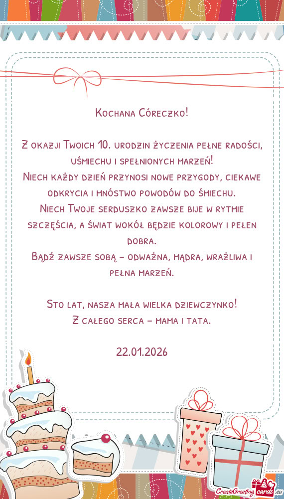 Z okazji Twoich 10. urodzin życzenia pełne radości, uśmiechu i spełnionych marzeń