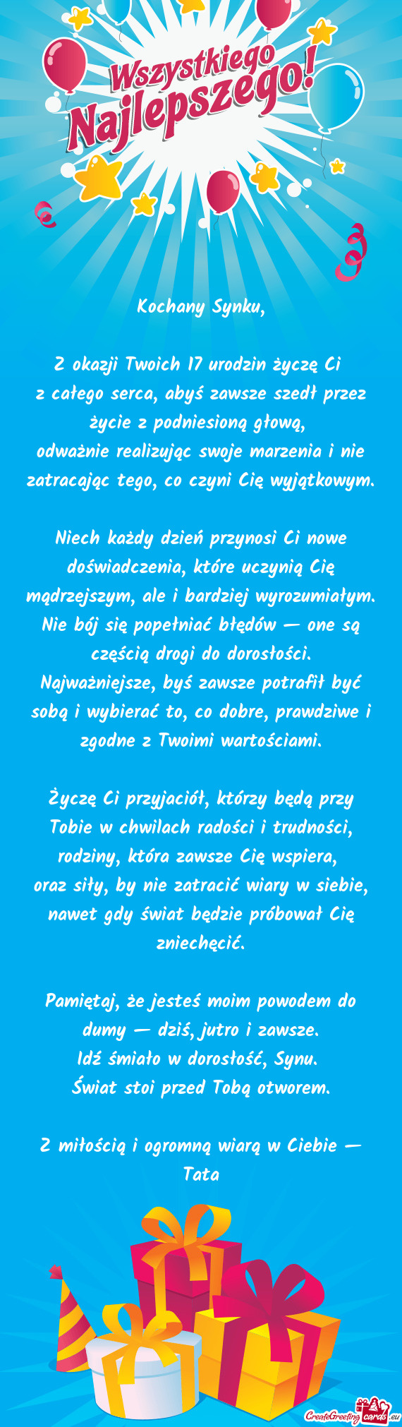 Z okazji Twoich 17 urodzin życzę Ci