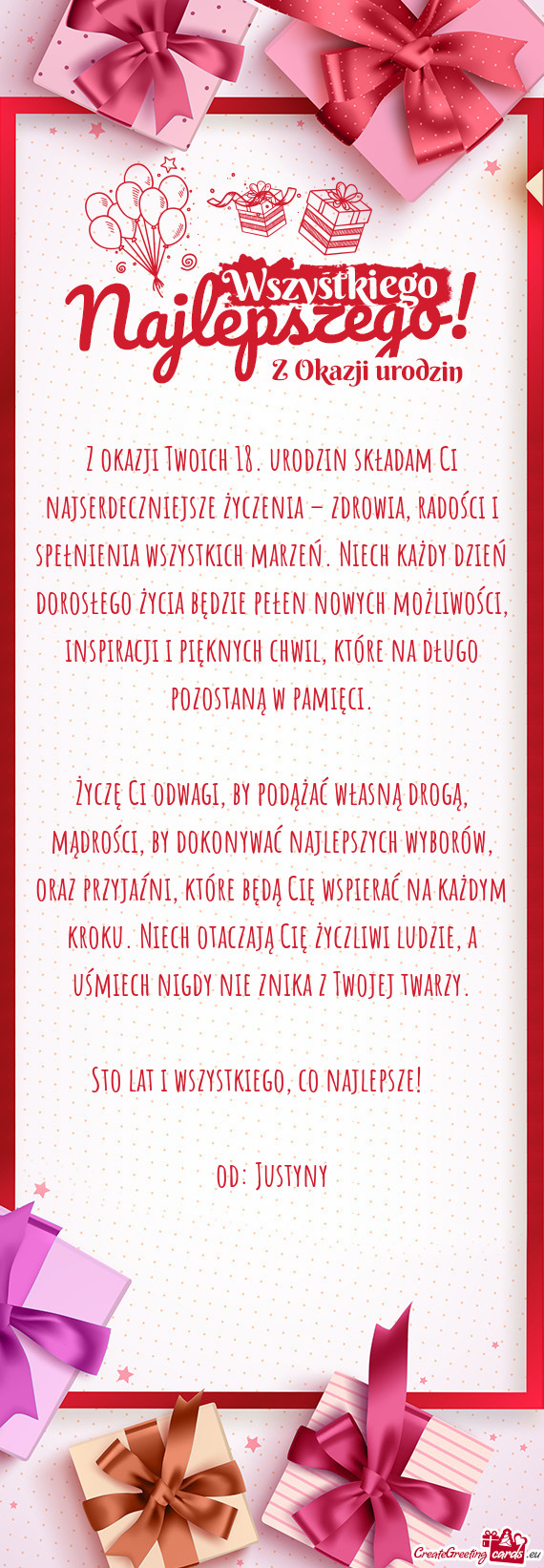 Z okazji Twoich 18. urodzin składam Ci najserdeczniejsze życzenia – zdrowia, radości i spełnie