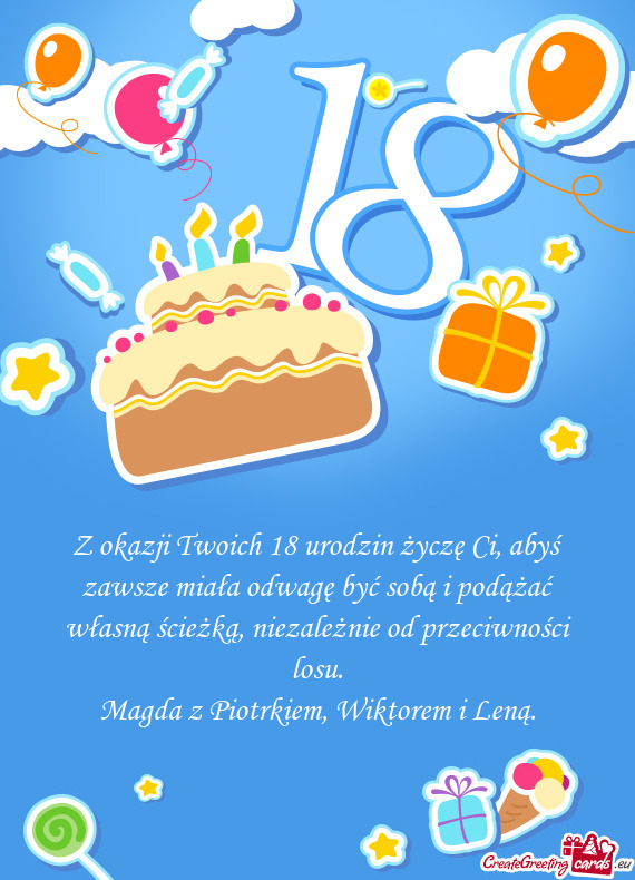 Z okazji Twoich 18 urodzin życzę Ci, abyś zawsze miała odwagę być sobą i podążać własną
