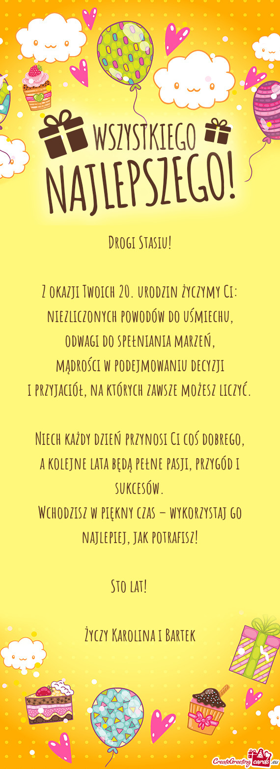 Z okazji Twoich 20. urodzin życzymy Ci