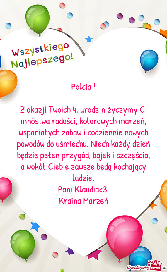 Z okazji Twoich 4. urodzin życzymy Ci mnóstwa radości, kolorowych marzeń, wspaniałych zabaw i c