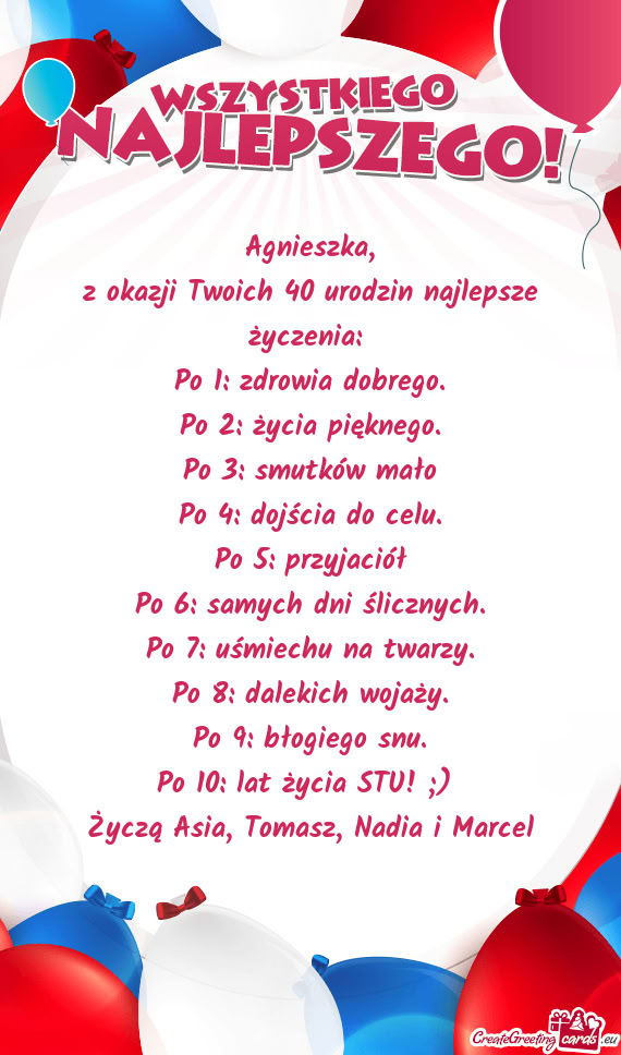 Z okazji Twoich 40 urodzin najlepsze życzenia