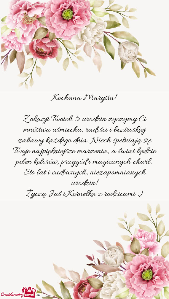 Z okazji Twoich 5 urodzin życzymy Ci mnóstwa uśmiechu, radości i beztroskiej zabawy każdego dni