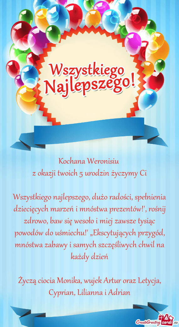 Z okazji twoich 5 urodzin życzymy Ci