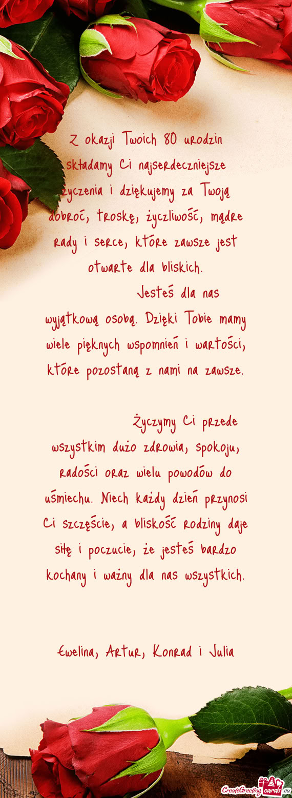 Z okazji Twoich 80 urodzin składamy Ci najserdeczniejsze życzenia i dziękujemy za Twoją dobroć