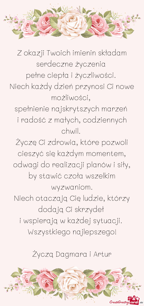 Z okazji Twoich imienin składam serdeczne życzenia