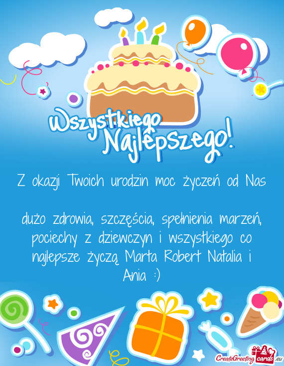 Z okazji Twoich urodzin moc życzeń od Nas