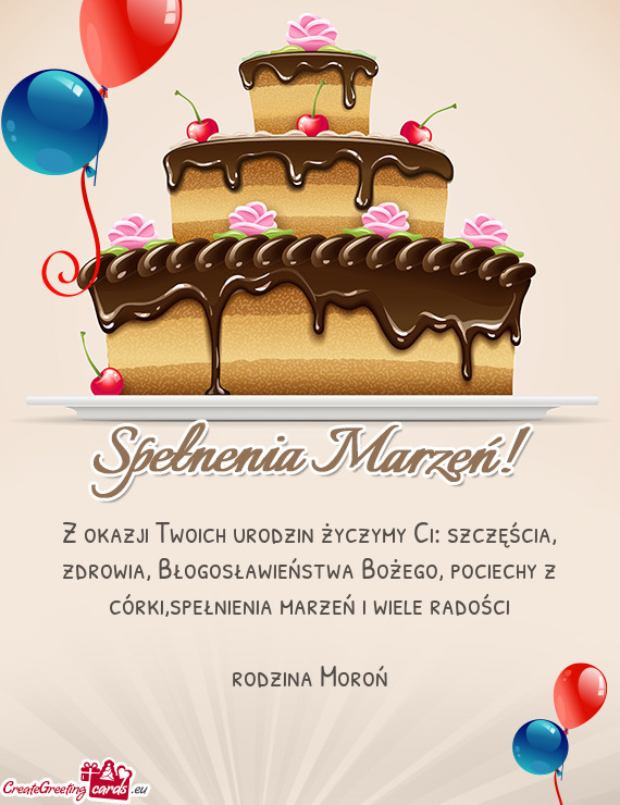 Z okazji Twoich urodzin życzymy Ci: szczęścia, zdrowia, Błogosławieństwa Bożego, pociechy z c