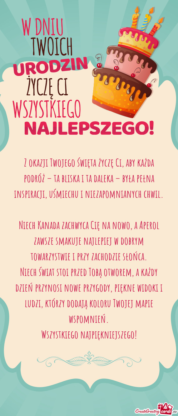 Z okazji Twojego święta życzę Ci, aby każda podróż – ta bliska i ta daleka – była pełna