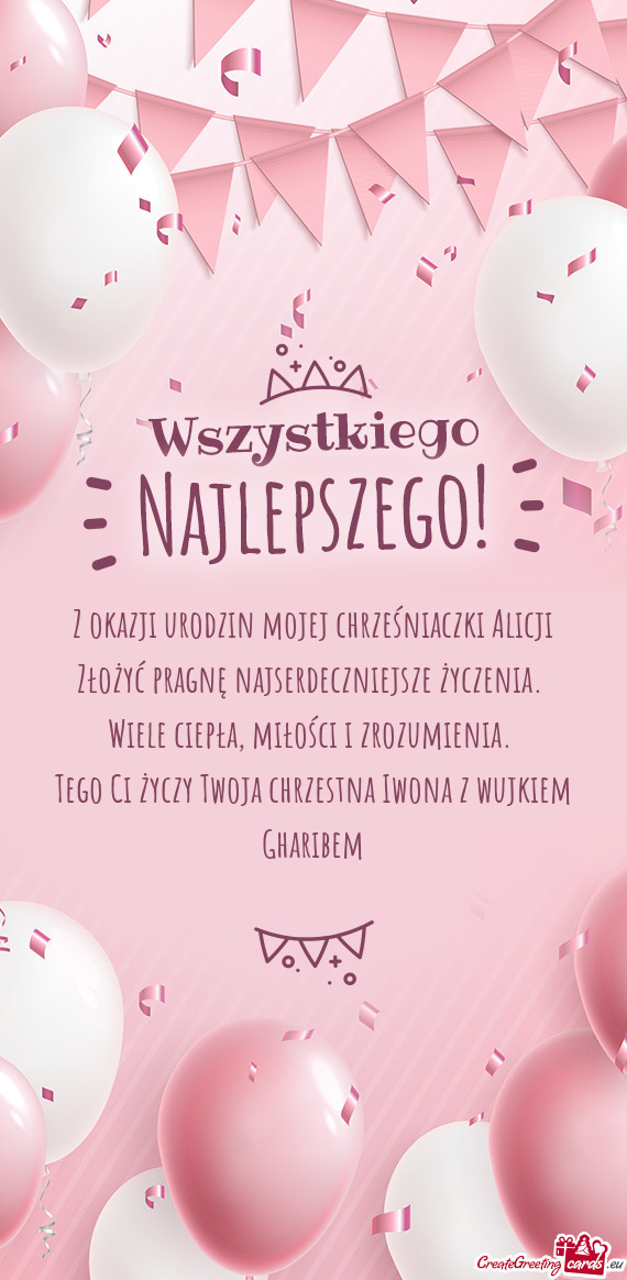 Z okazji urodzin mojej chrześniaczki Alicji Złożyć pragnę najserdeczniejsze życzenia