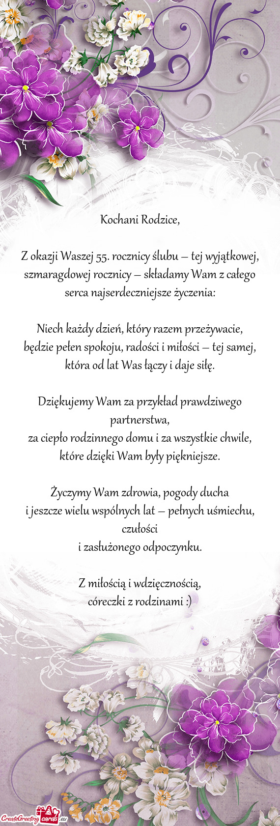 Z okazji Waszej 55. rocznicy ślubu – tej wyjątkowej, szmaragdowej rocznicy – składamy Wam z c