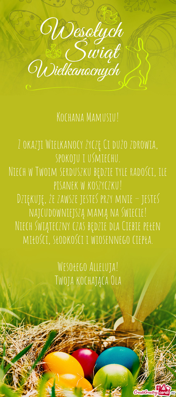 Z okazji Wielkanocy życzę Ci dużo zdrowia, spokoju i uśmiechu