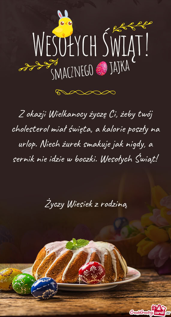 Z okazji Wielkanocy życzę Ci, żeby twój cholesterol miał święta, a kalorie poszły na urlop