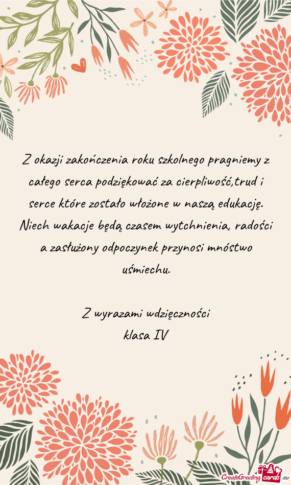 Z okazji zakończenia roku szkolnego pragniemy z całego serca podziękować za cierpliwość,trud i
